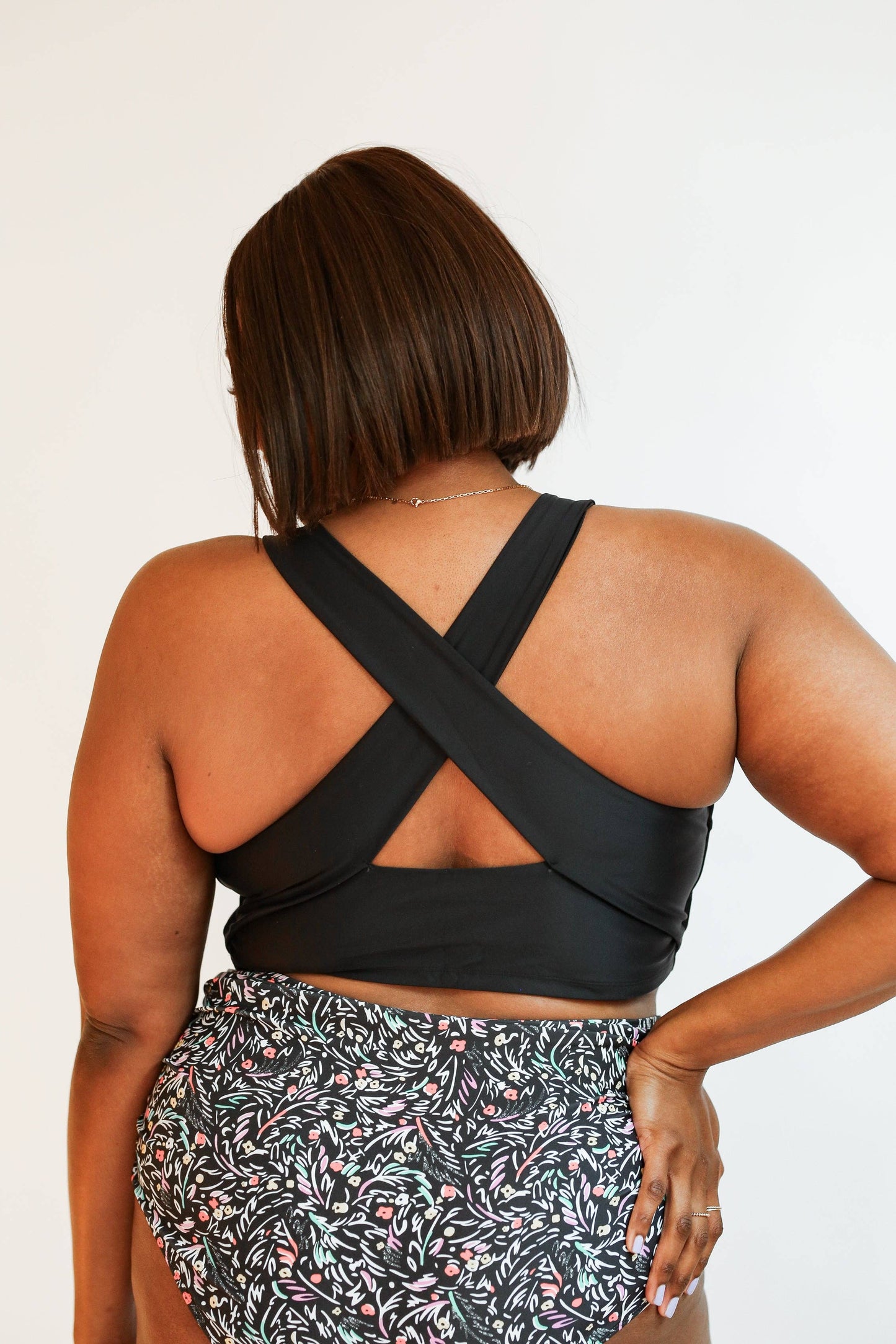 Crop Zip Up Breastfeeding Swimsuit Top: Black Floral