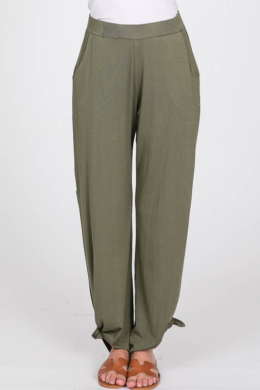 Split Side Tie Hem Pants: OLIVE