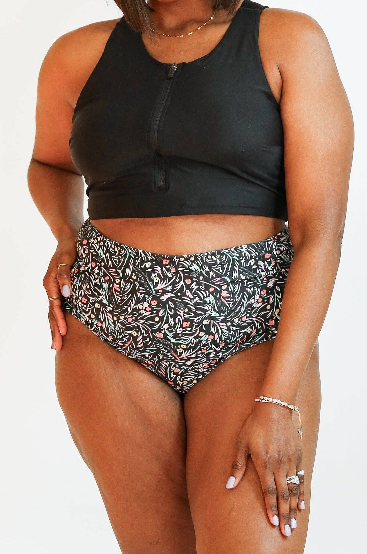 Full Coverage High Waist Bikini Bottoms: Black Floral