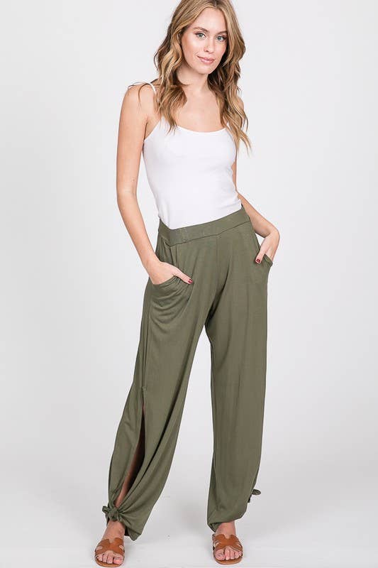 Split Side Tie Hem Pants: OLIVE