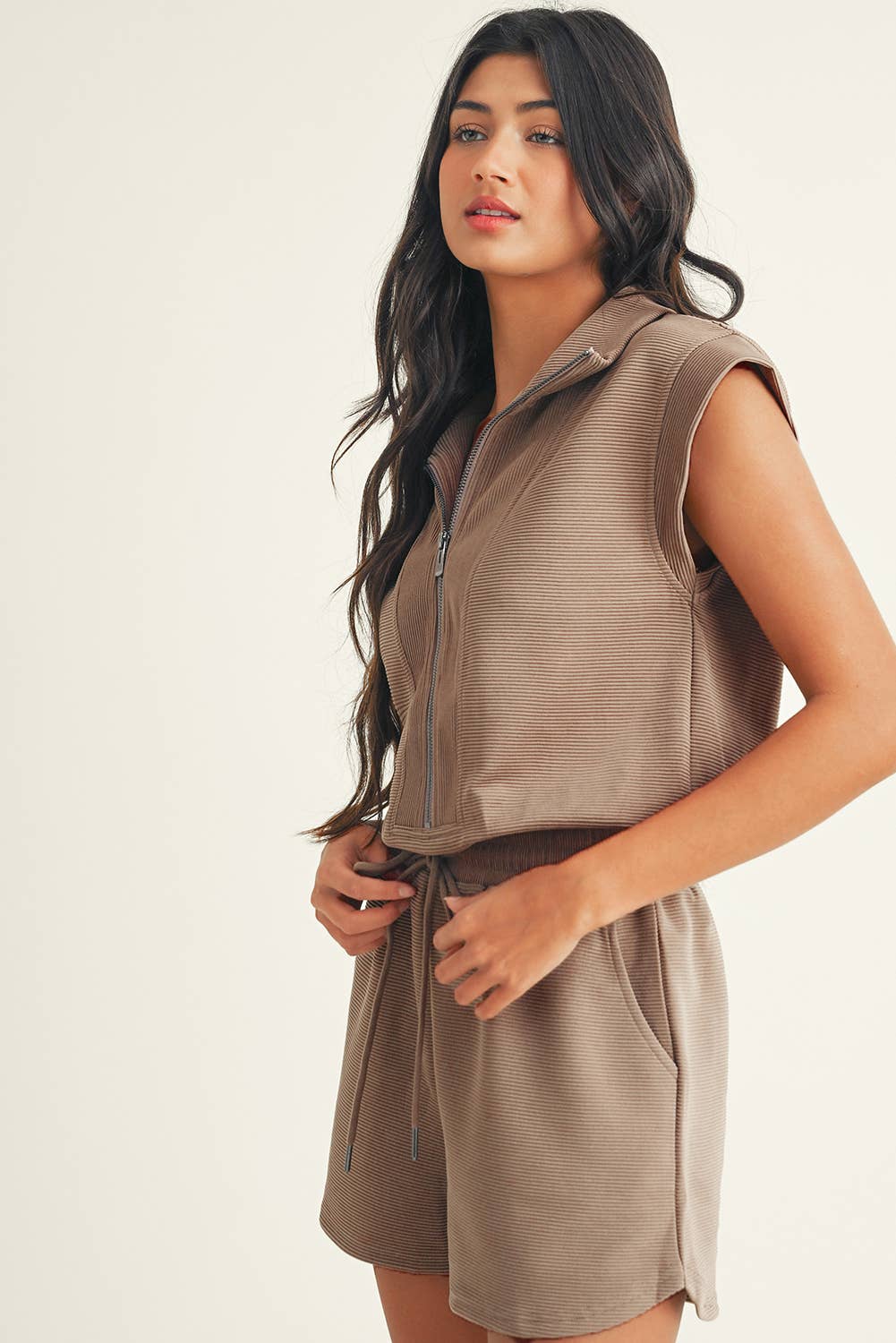 Textured Short Sleeve Half Zip Drawstring Waist Romper