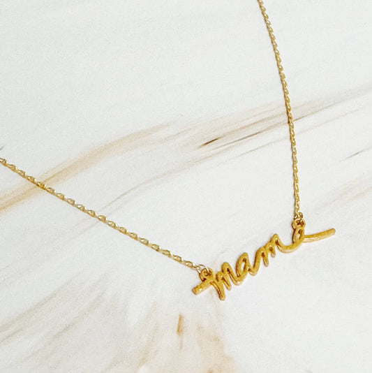 Mama Script Necklace: Brushed Gold