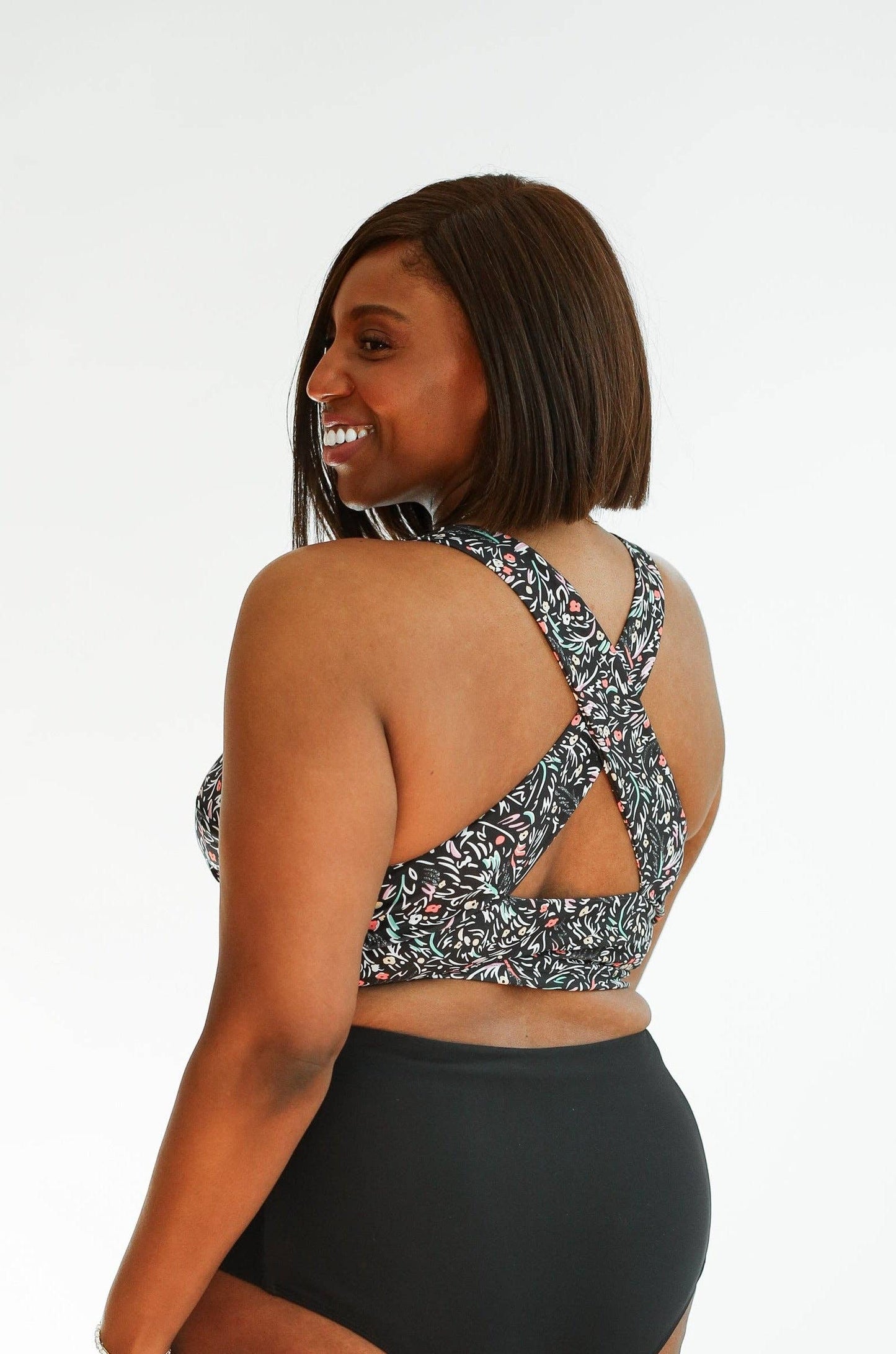 Crop Zip Up Breastfeeding Swimsuit Top: Black Floral