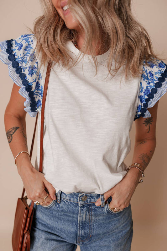 Ricrac Trim Flutter Sleeve Contrast Patchwork Blouse