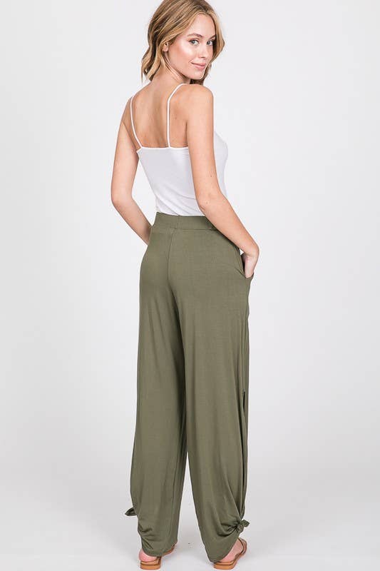 Split Side Tie Hem Pants: OLIVE