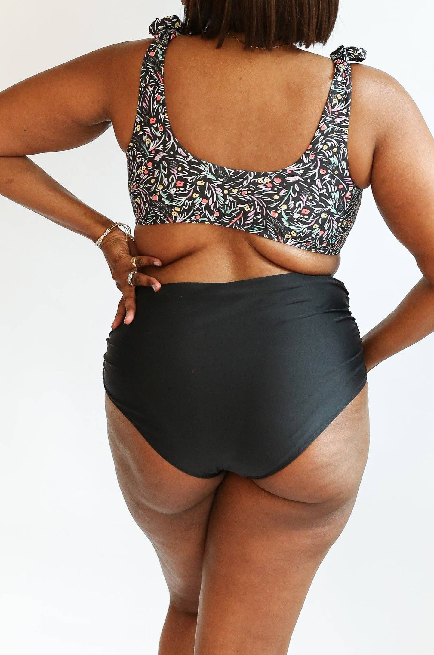 Full Coverage High Waist Bikini Bottoms: Black Floral