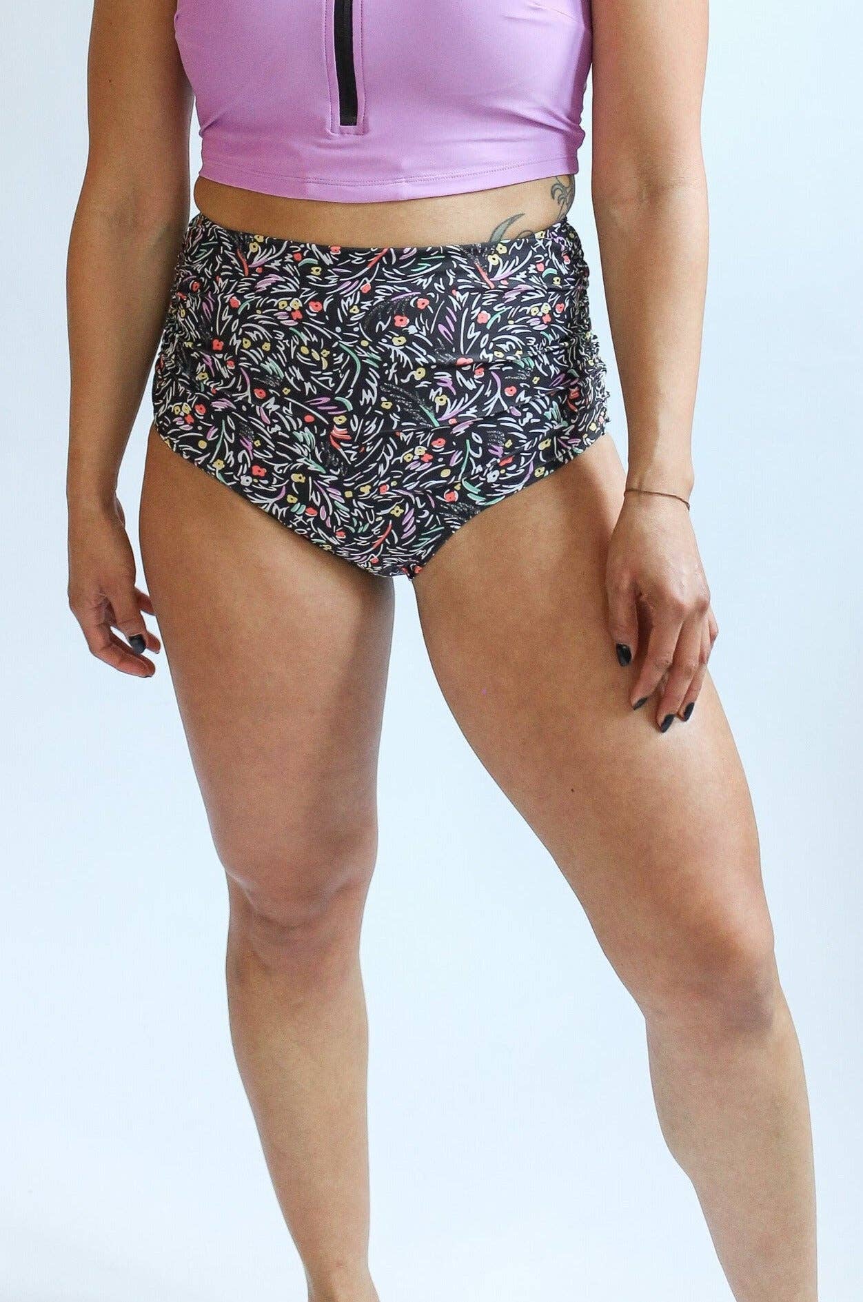 Full Coverage High Waist Bikini Bottoms: Black Floral