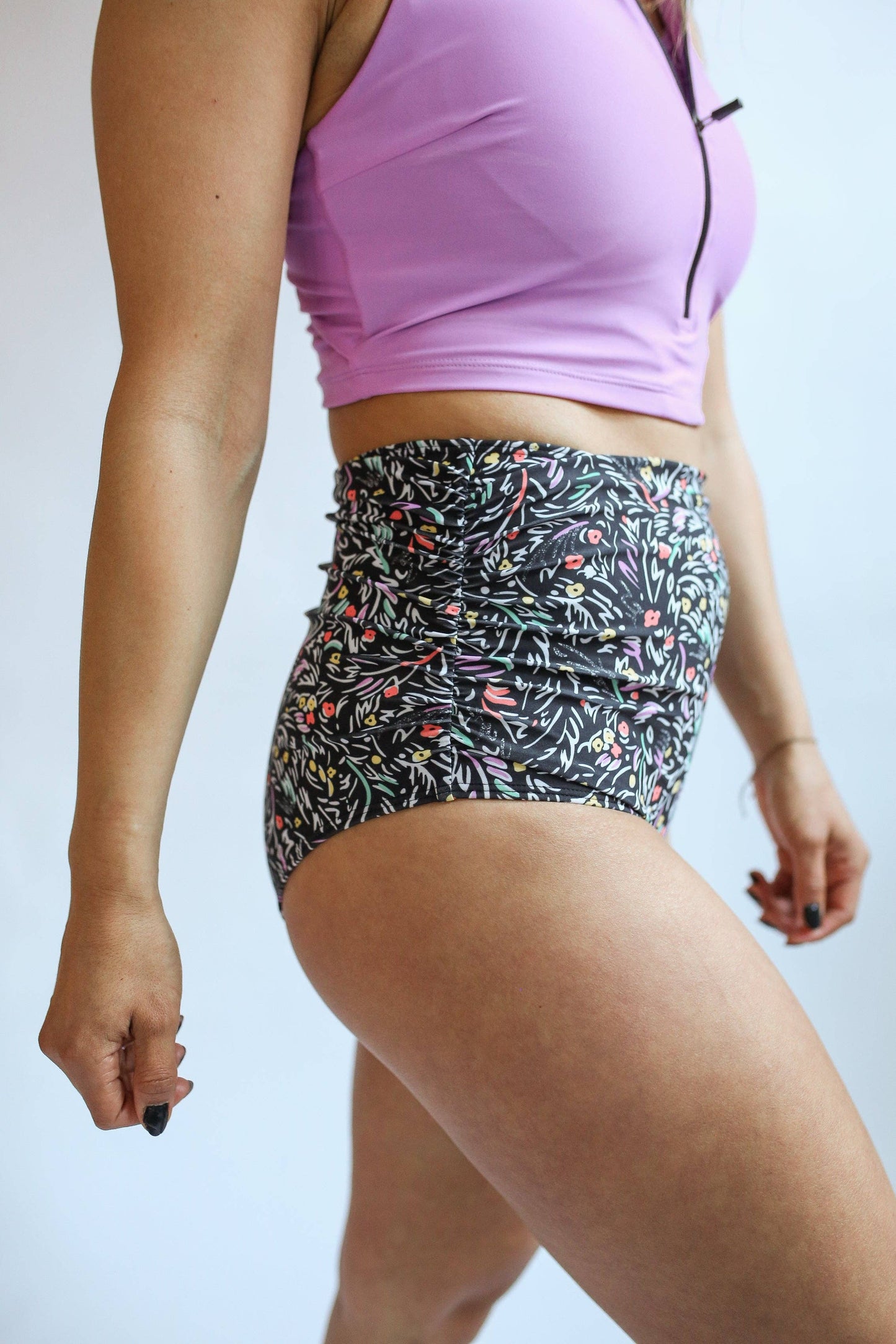 Full Coverage High Waist Bikini Bottoms: Black Floral