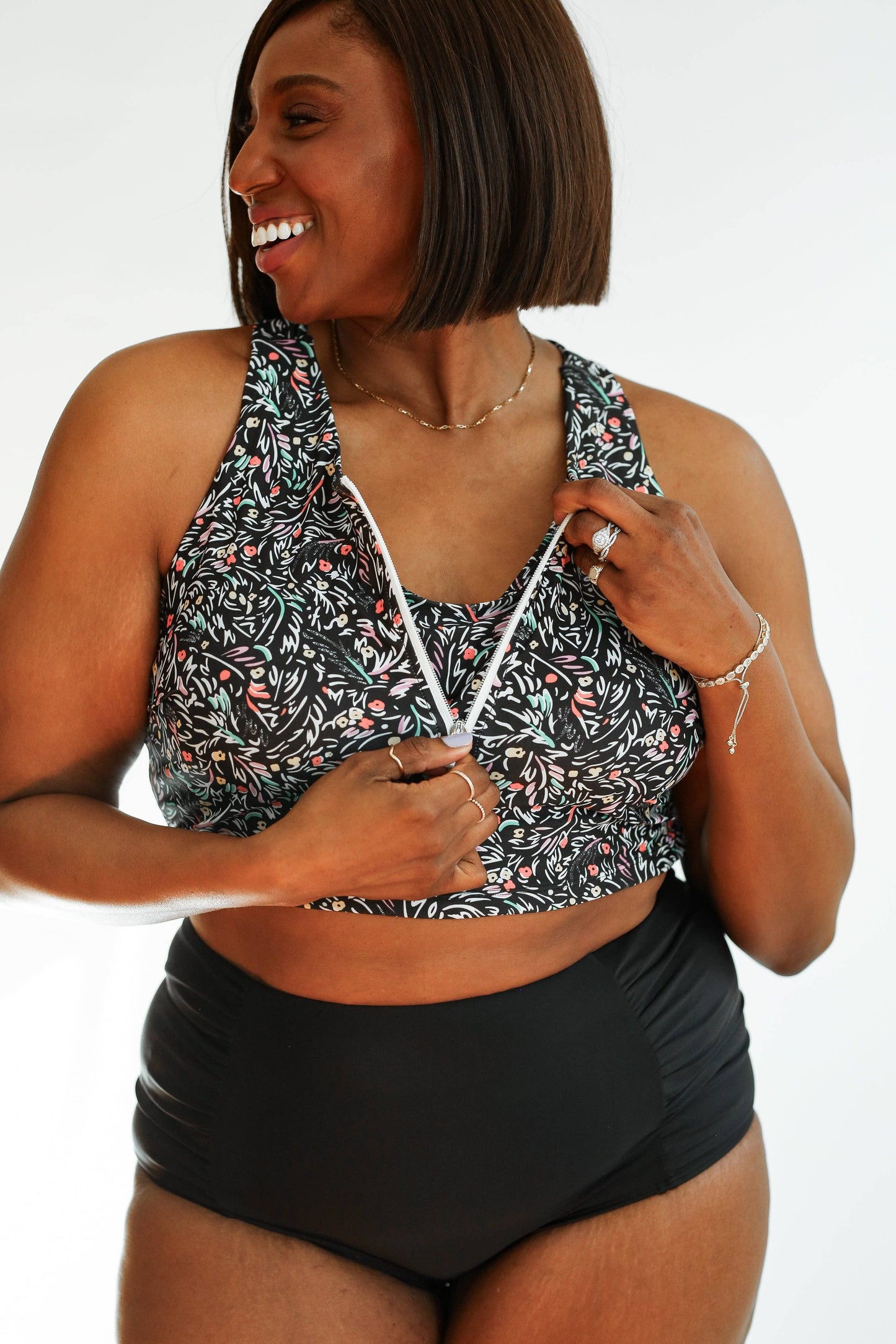 Crop Zip Up Breastfeeding Swimsuit Top: Black Floral