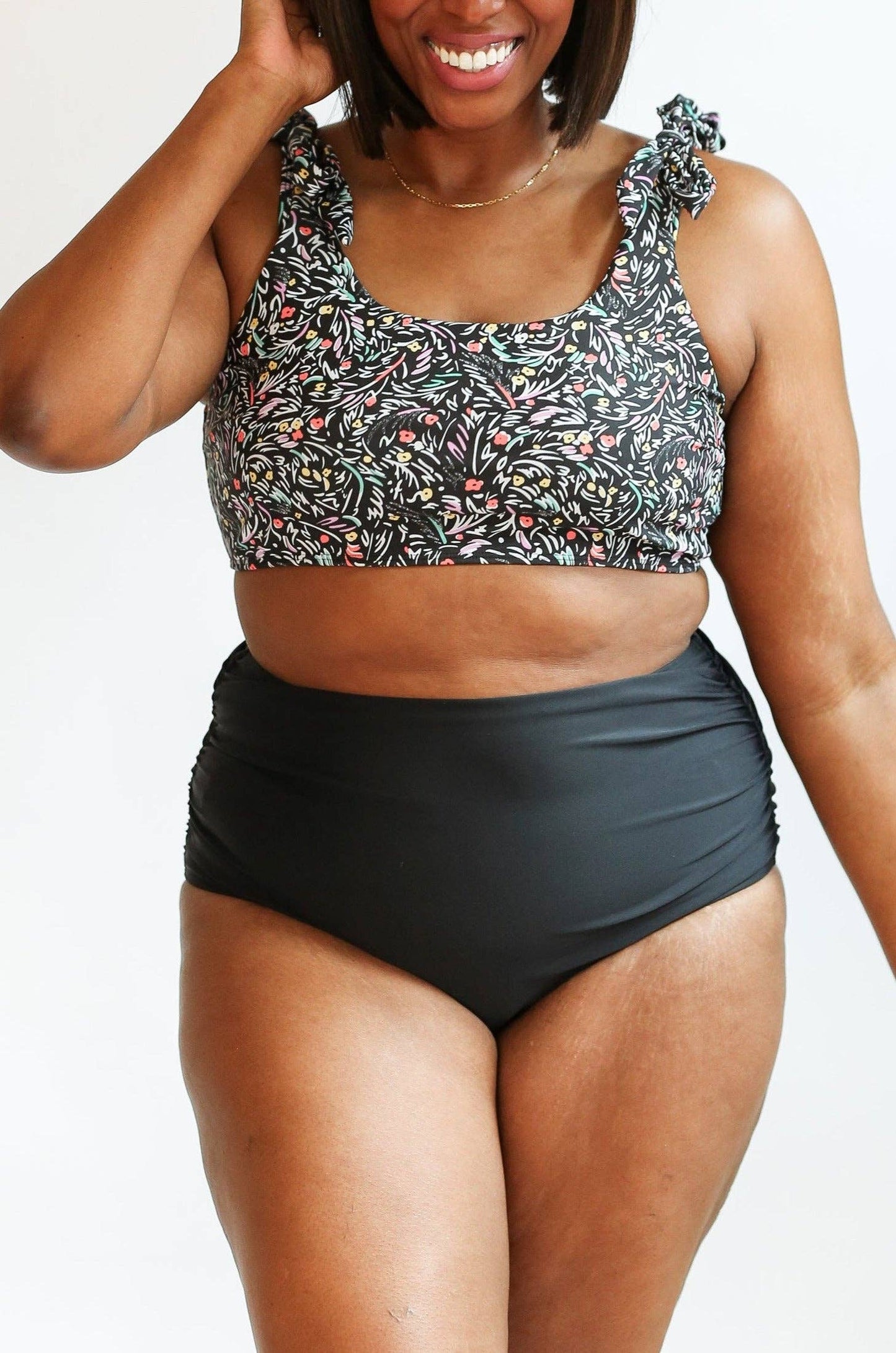 Full Coverage High Waist Bikini Bottoms: Black Floral
