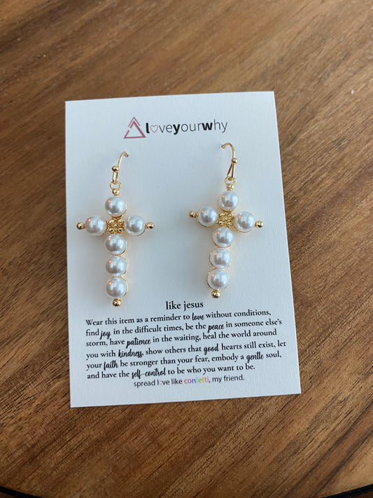 Like Jesus Pearl Cross Earrings
