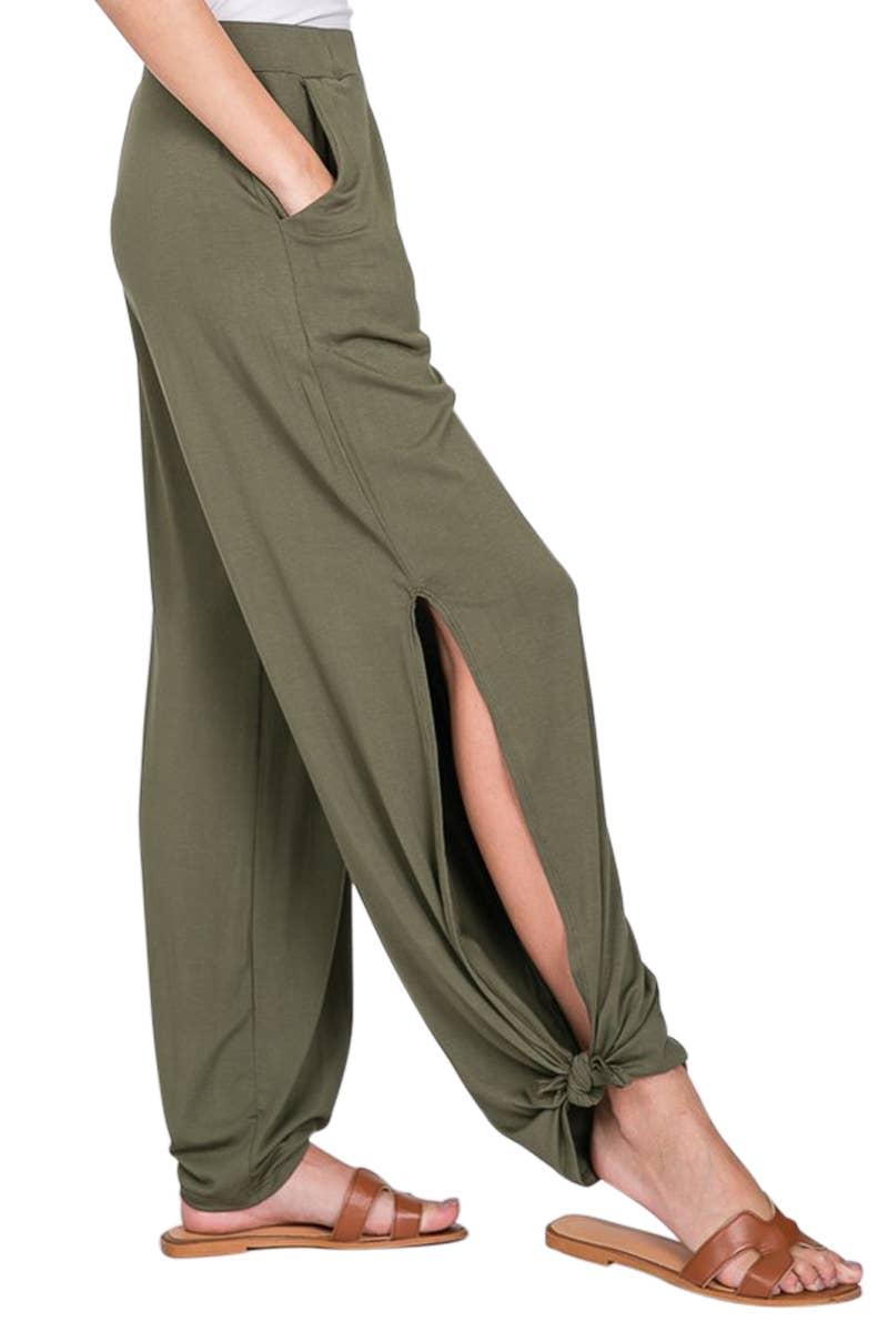 Split Side Tie Hem Pants: OLIVE