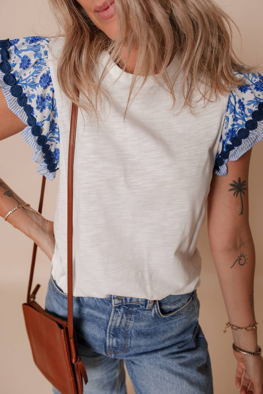 Ricrac Trim Flutter Sleeve Contrast Patchwork Blouse