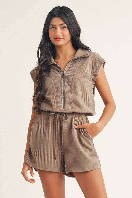 Textured Short Sleeve Half Zip Drawstring Waist Romper