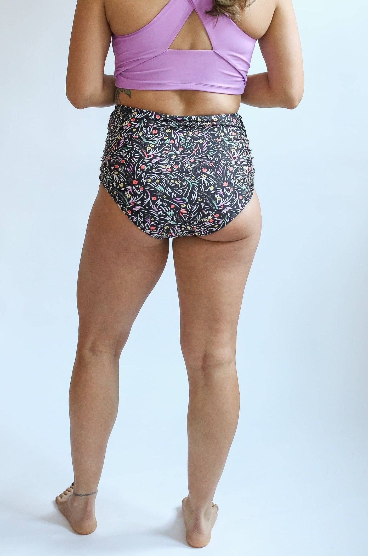 Full Coverage High Waist Bikini Bottoms: Black Floral