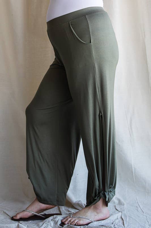 Split Side Tie Hem Pants: OLIVE