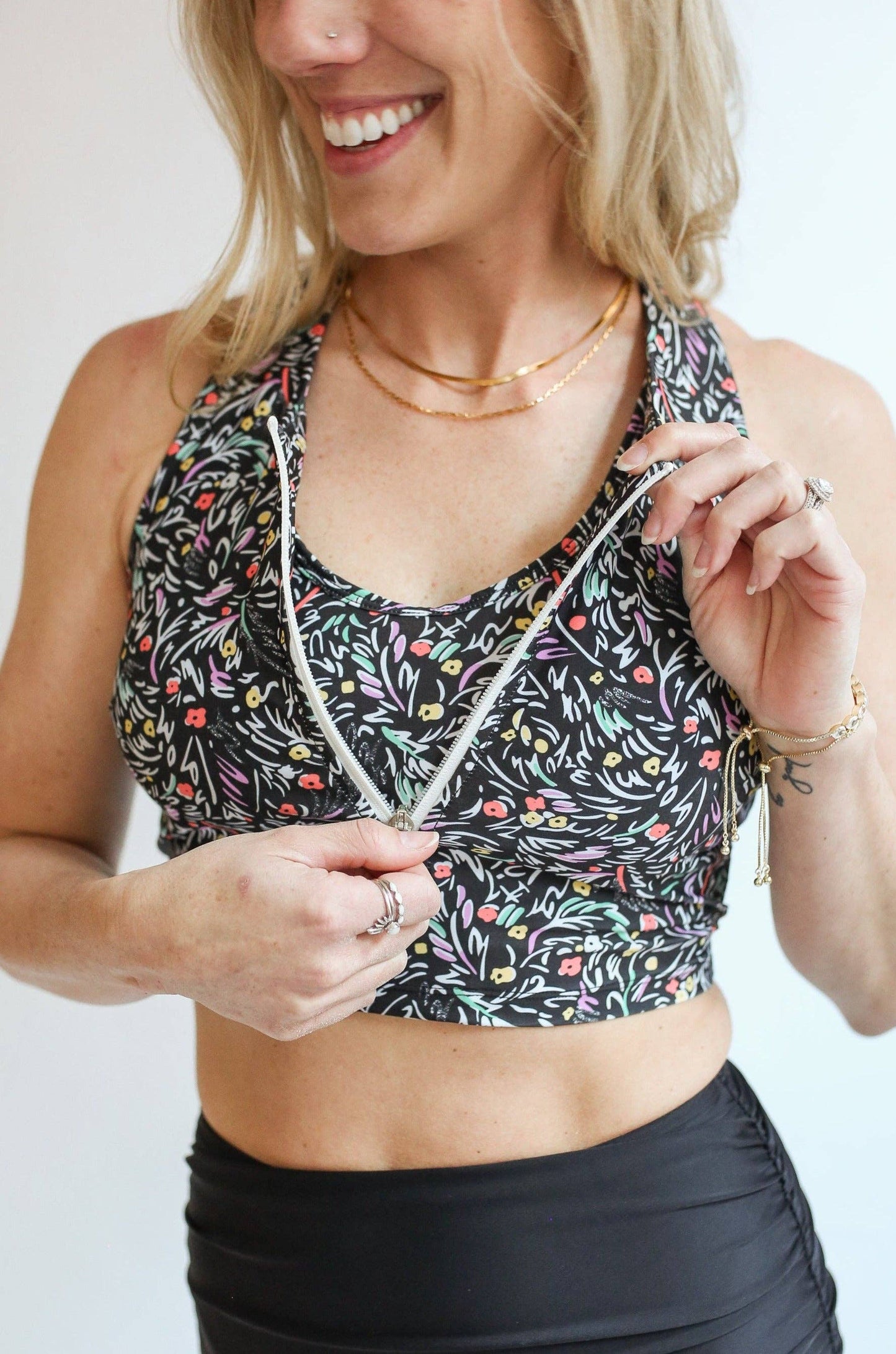 Crop Zip Up Breastfeeding Swimsuit Top: Black Floral