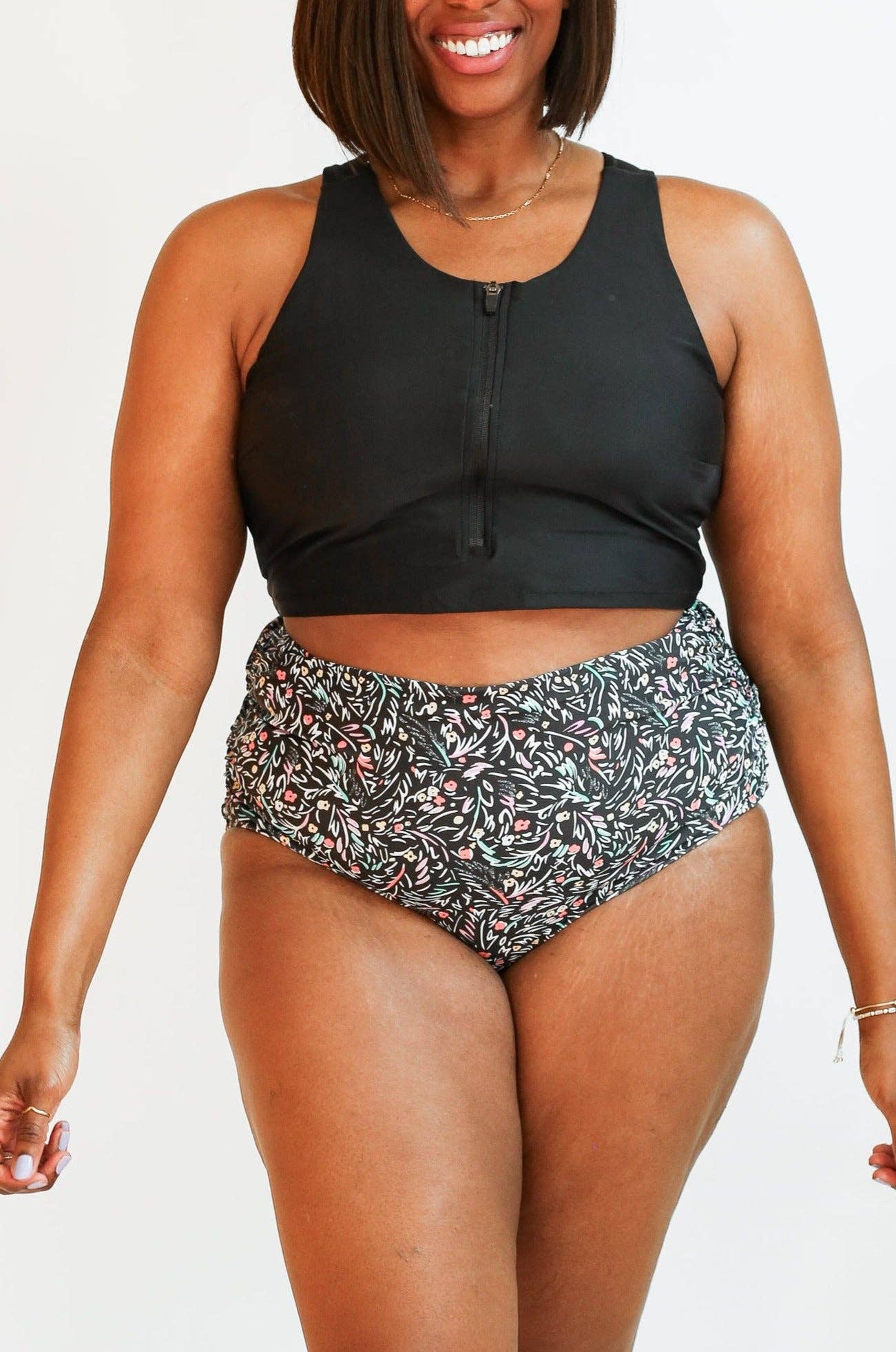 Full Coverage High Waist Bikini Bottoms: Black Floral