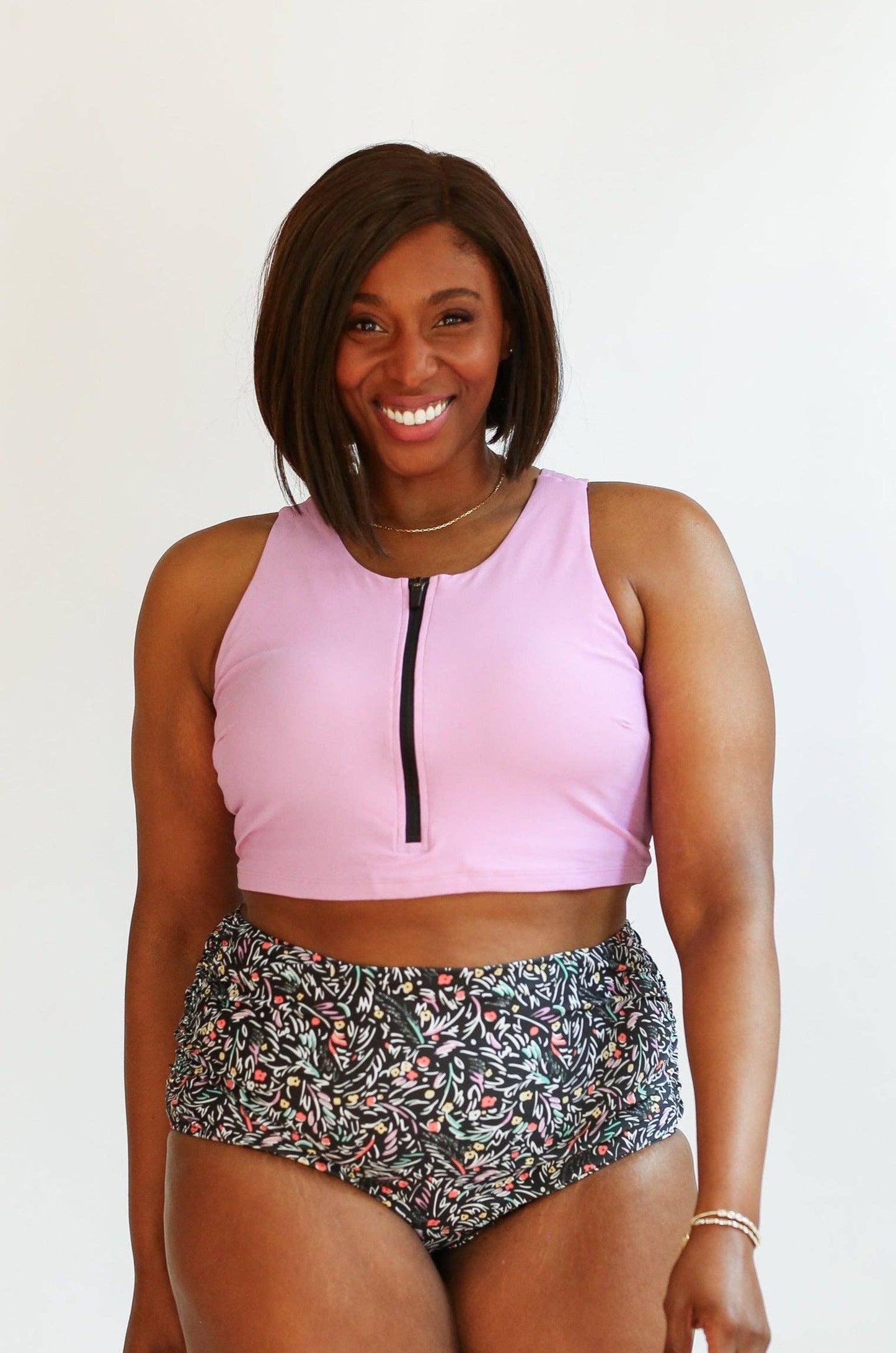 Crop Zip Up Breastfeeding Swimsuit Top: Black Floral