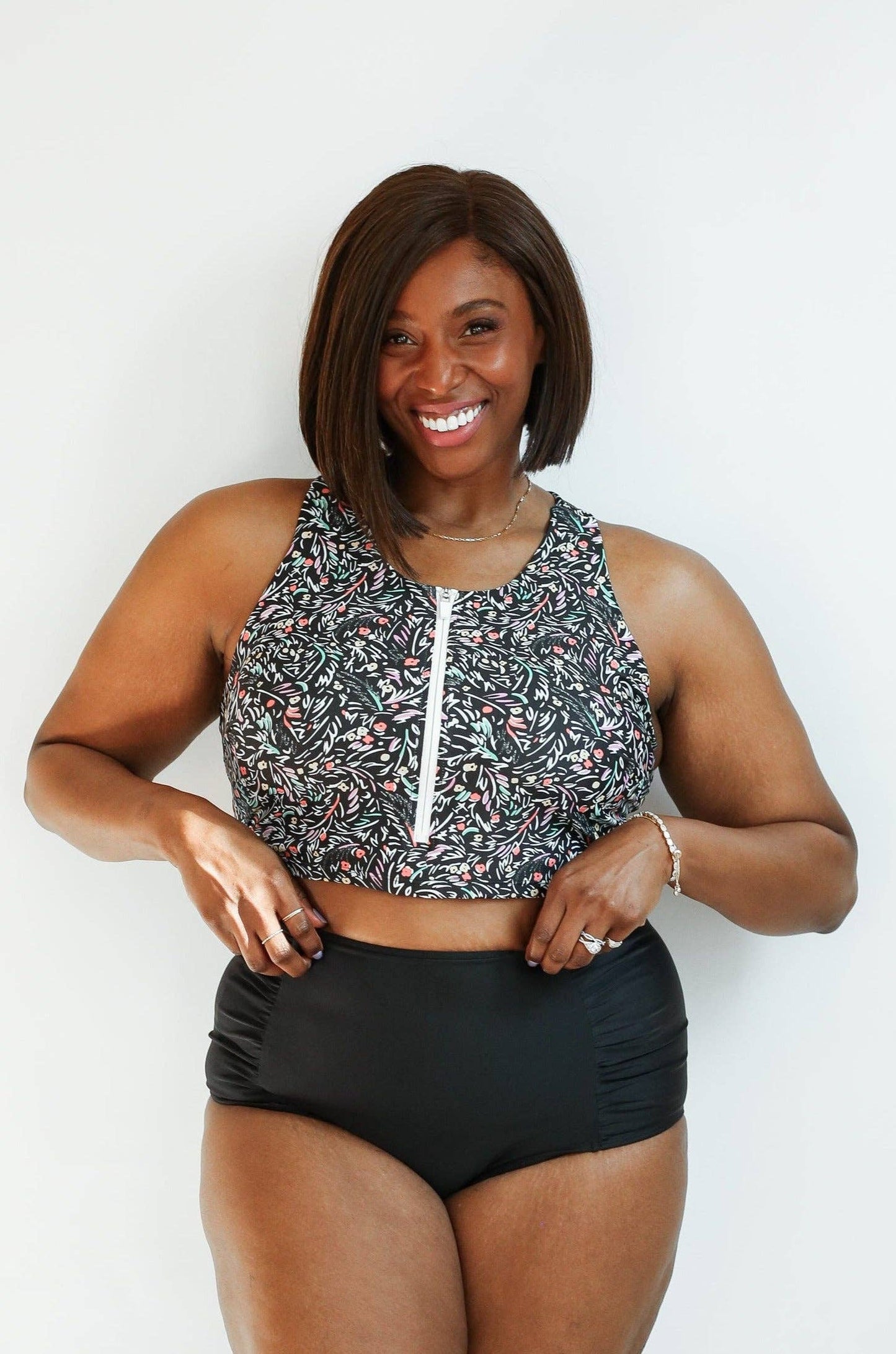 Crop Zip Up Breastfeeding Swimsuit Top: Black Floral