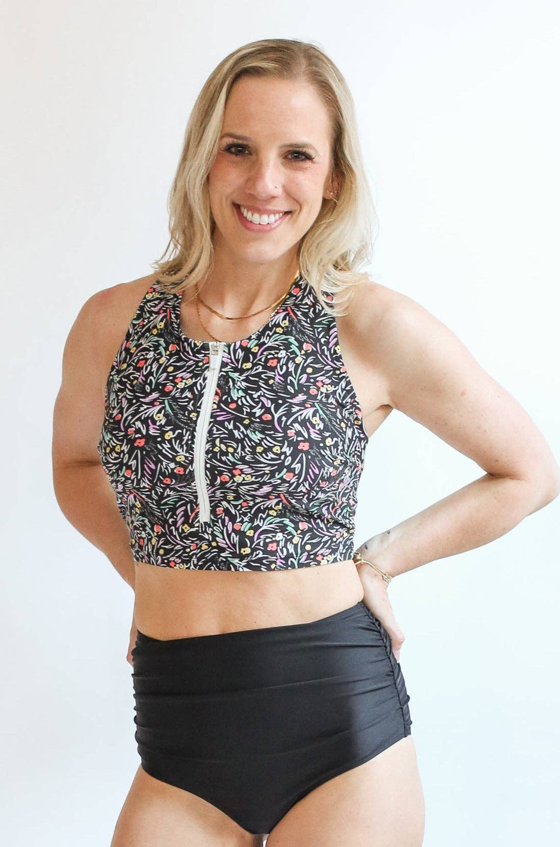 Crop Zip Up Breastfeeding Swimsuit Top: Black Floral