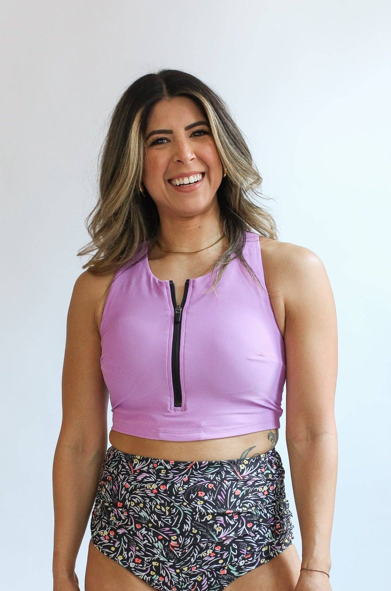Crop Zip Up Breastfeeding Swimsuit Top: Black Floral